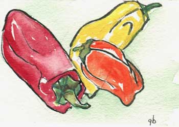 "'Hot' Peppers" by Ginny Bores, Madison WI - Watercolor & Ink (NFS)